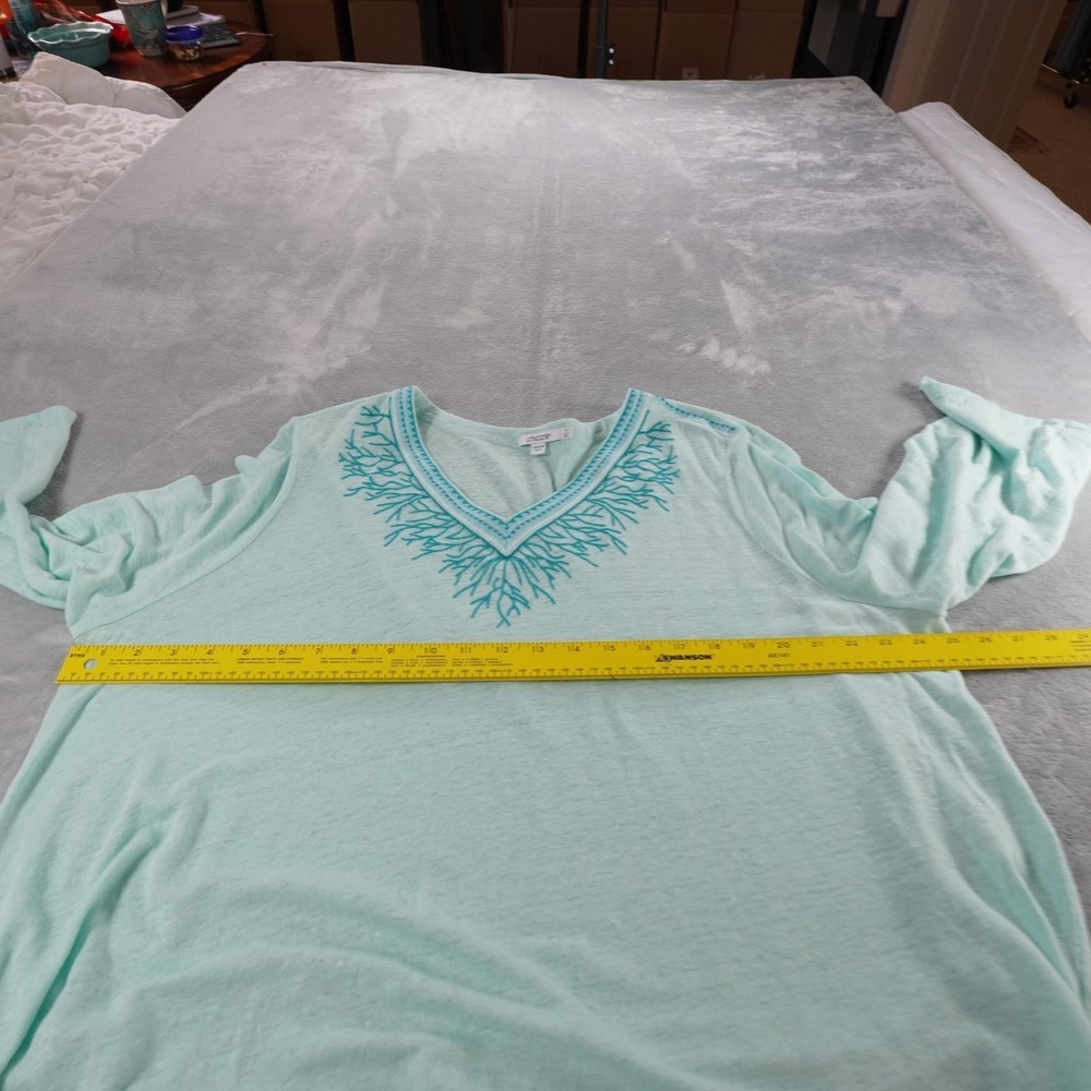 Chicos Linen Embroidered Tunic Top Womens XXL  (4) Green Beachy Coastal Stretch - Picture 7 of 11